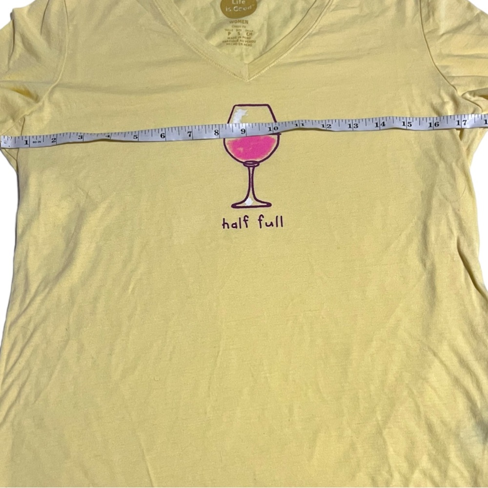 Life Is Good Half Full Wine Glass Women’s Cotton V-Neck T-Shirt Yellow Small - Picture 3 of 12